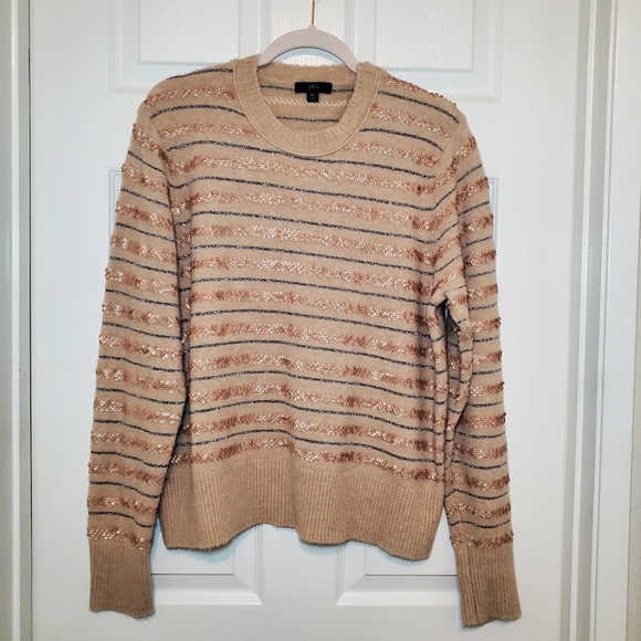 J. Crew Sequin Striped Sweater Merino Wool Alpaca Blend Camel Silver XL - Picture 1 of 10